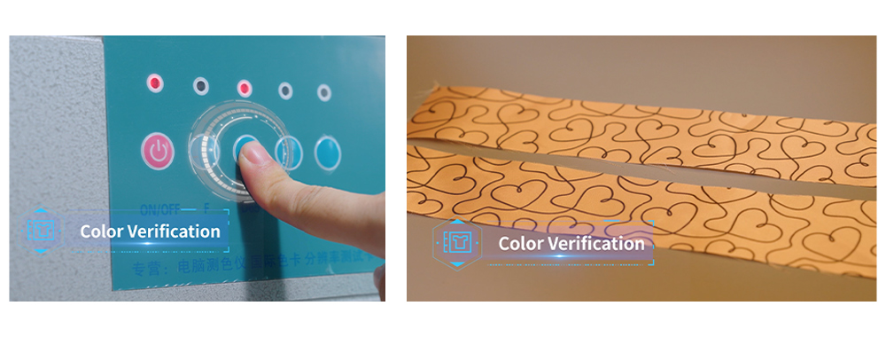 The image shows the use of a professional spectrophotometer to verify the color of different fabric batches. The image shows the use of a professional spectrophotometer to verify the color of different fabric batches.